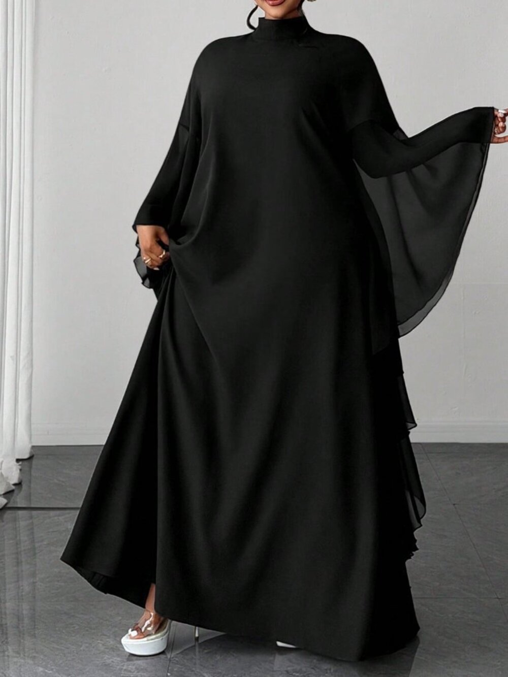 Black Modest Women's Flutter Sleeve Loose Flattering Dress - Picture 5 of 7